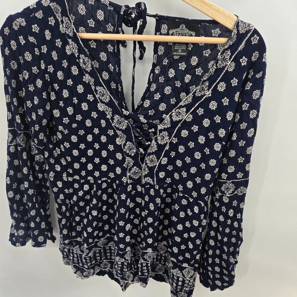 Angie Blue White Long Sleeved Boho Rayon Romper Small